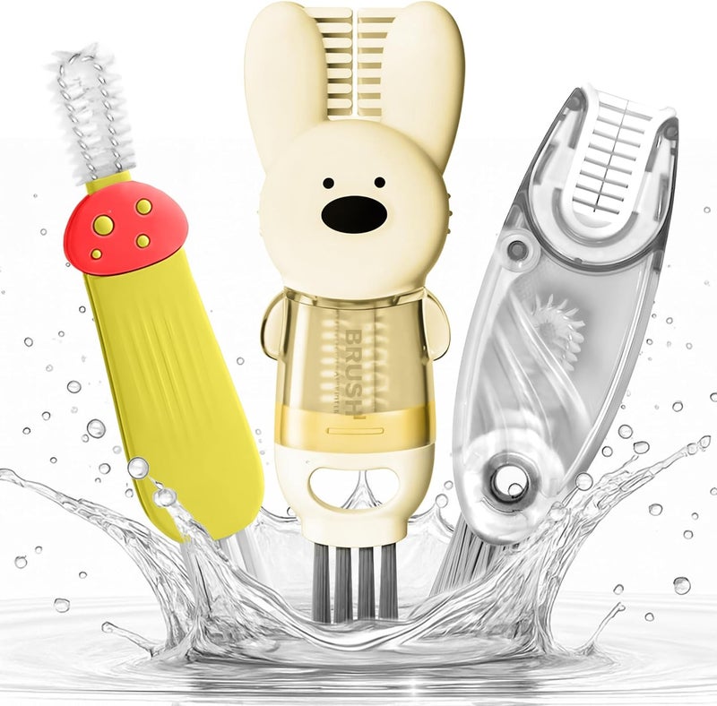 ANSOTHIN Cup Lid Cleaning Brush, Multifunctional Set with 3 in 1 Lid Cleaner and Two 4 in 1 Cup Lid Cleaning Brushes, Cleaning Brush Tool for Bottles, Straws, Tumblers, Travel Mug Caps, Portable Kit (Yellow) - Image 1